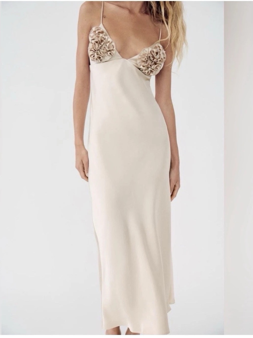 Zara Beige Champagne Satin Slip Maxi Dress Floral Ruffle size Medium